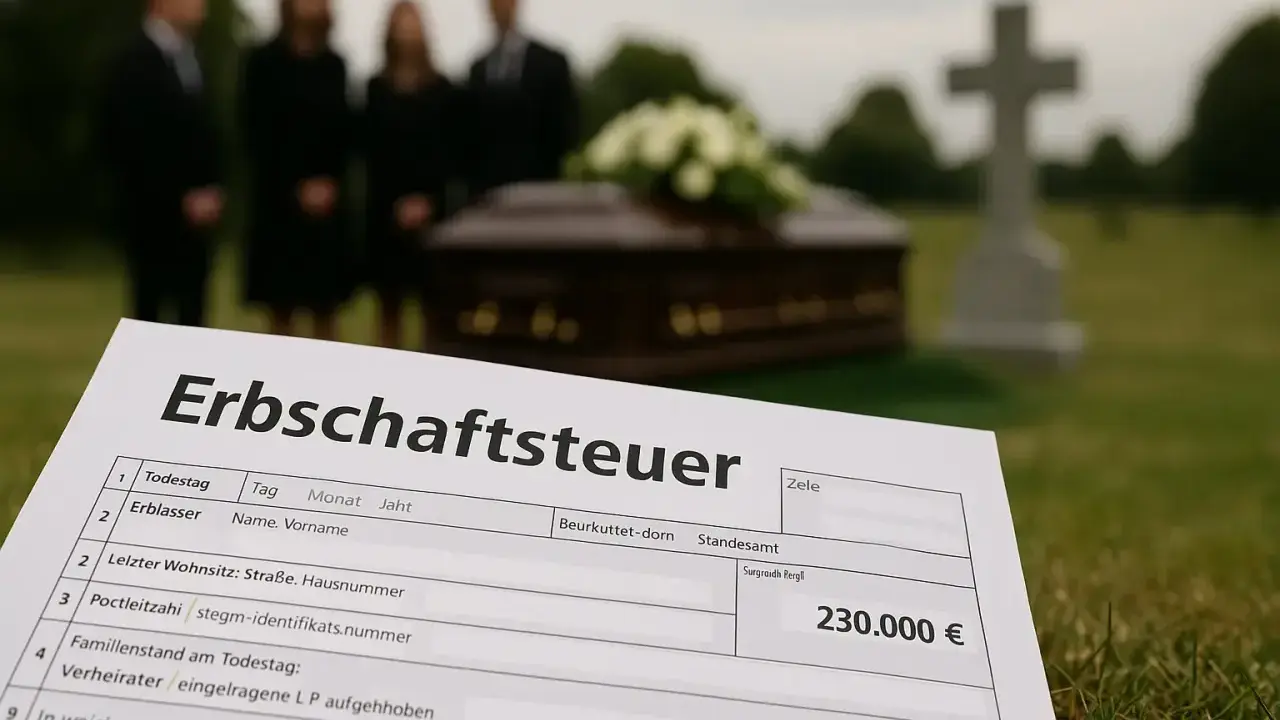 Trauernde stehen am Grab, während ein Erbschaftsteuerformular mit 230.000 € im Vordergrund liegt. § 14 ErbStG regelt die Besteuerung.