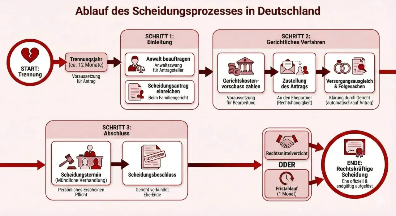 Der Ablauf einer Scheidung in Deutschland: Trennung, Antrag, Gerichtliches Verfahren, Abschluss. So funktioniert die Scheidung.