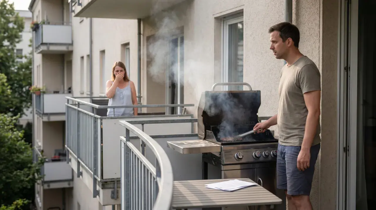 Mann grillt auf dem Balkon, während eine Frau wegen des Rauchs die Nase zuhält.