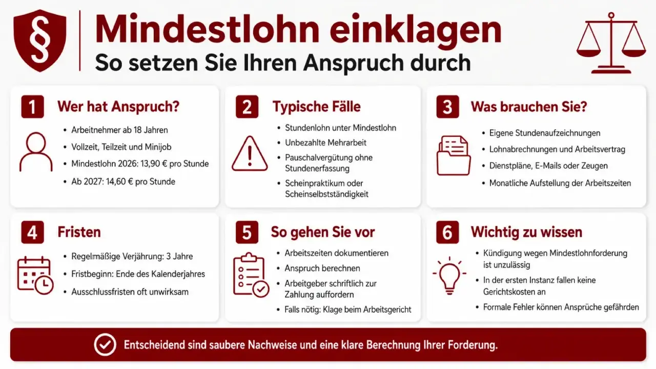 Infografik erklärt, wie man Mindestlohn einklagt. Beachtet die Ausschlussfrist und die Verjährung von 3 Jahren.