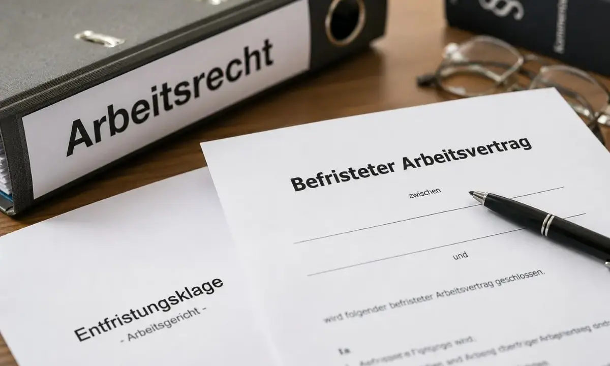 Arbeitsrecht-Ordner, befristeter Arbeitsvertrag und Entfristungsklage. Die Frist für die Klage ist entscheidend.