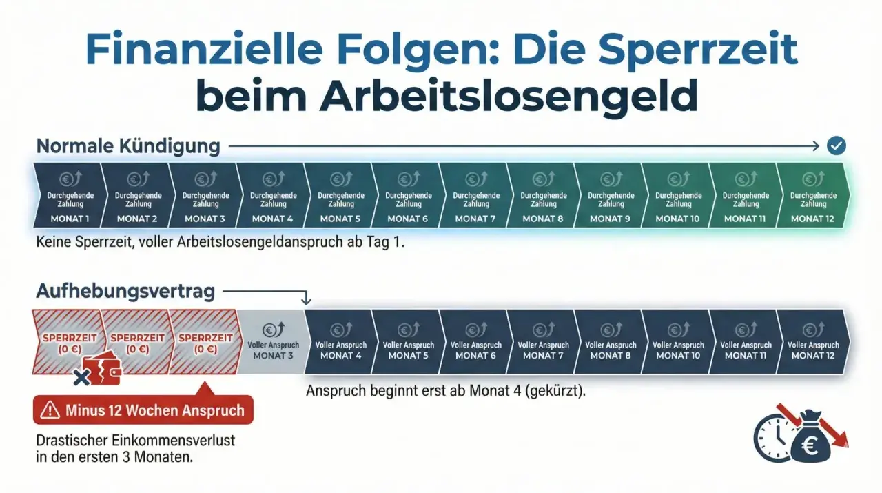 Grafik zeigt: Bei Aufhebungsvertrag gibt es eine Sperrzeit für Arbeitslosengeld, im Gegensatz zur normalen Kündigung.