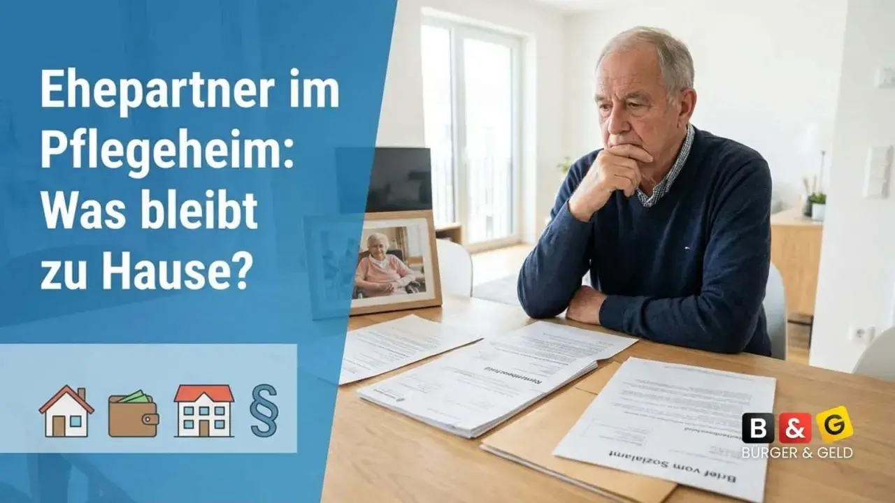 Ein Mann denkt über den monatlichen Selbstbehalt Pflegeheim nach. Dokumente liegen auf dem Tisch, ein Foto seiner Frau im Rollstuhl.