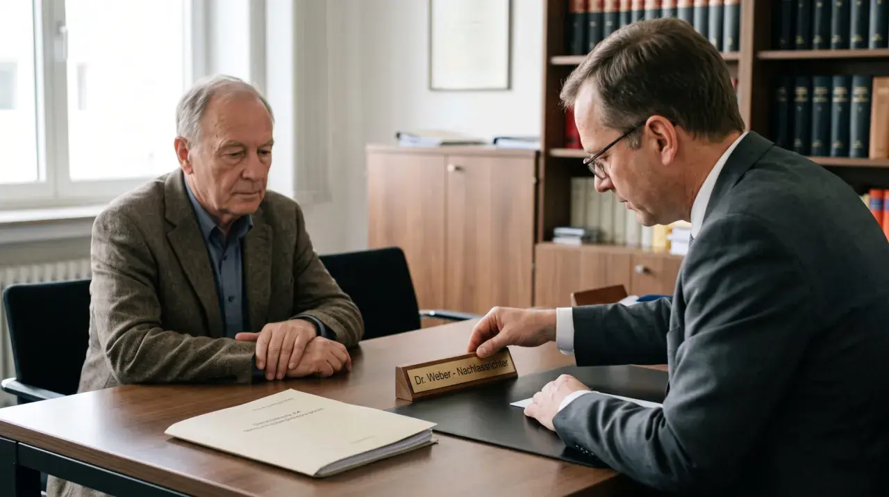 Ein älterer Mann spricht mit einem Anwalt, der eine Namensplakette "Dr. Weber - Nachlassrichter" hält. Die Aufgabe Testamentsvollstrecker wird besprochen.