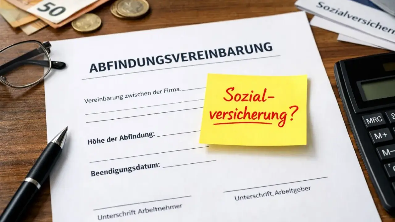 Abfindungsvereinbarung mit Fragezeichen zur Sozialversicherung. Geld, Brille, Stift und Taschenrechner liegen bereit.