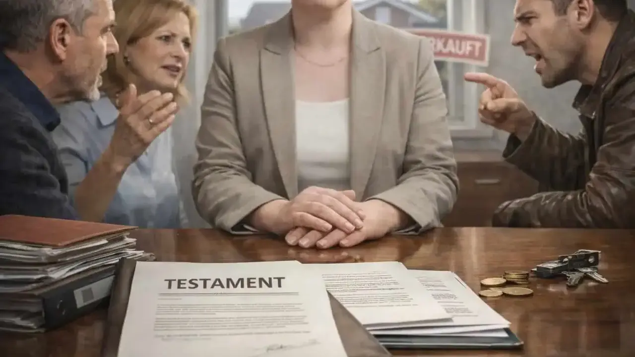 Streitende Erben am Tisch, ein Testament liegt aus. Bei solch hitzigen Diskussionen braucht man einen Testamentsvollstrecker.
