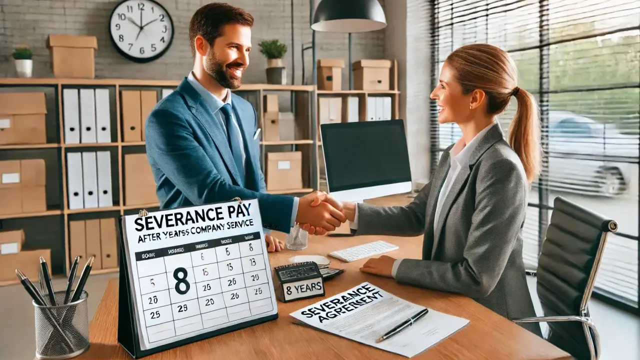 Ein Mann und eine Frau schütteln sich die Hände. Ein Kalender zeigt "8 YEARS" und "SEVERANCE PAY". Die Frage "wieviel Abfindung nach 8 Jahren?" wird thematisiert.