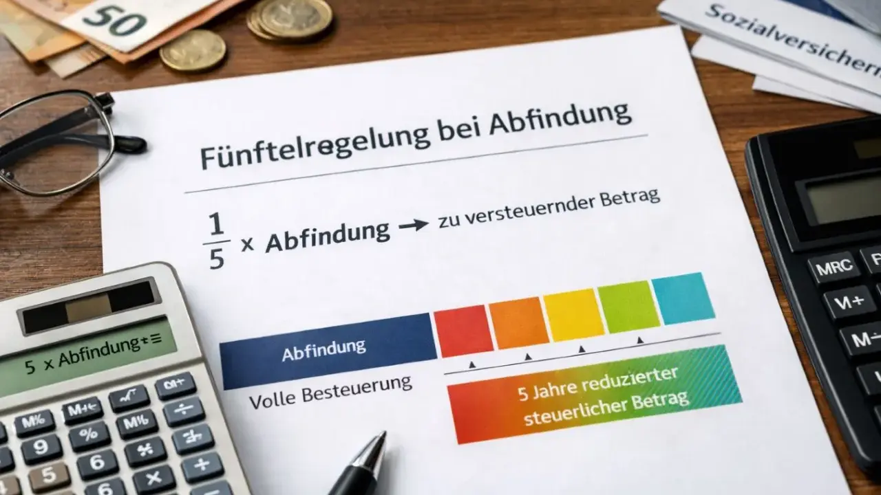 Fünftelregelung zur Abfindung: Berechnung des zu versteuernden Betrags mit einer Grafik, die die volle Besteuerung und eine 5-Jahres-Reduzierung zeigt.