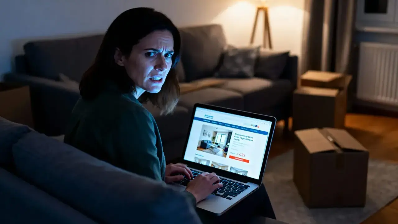 Verzweifelte Frau sucht online nach Lösungen, da der Mieter nicht auszieht. Sie recherchiert zu Eigenbedarf und Schadensersatz.