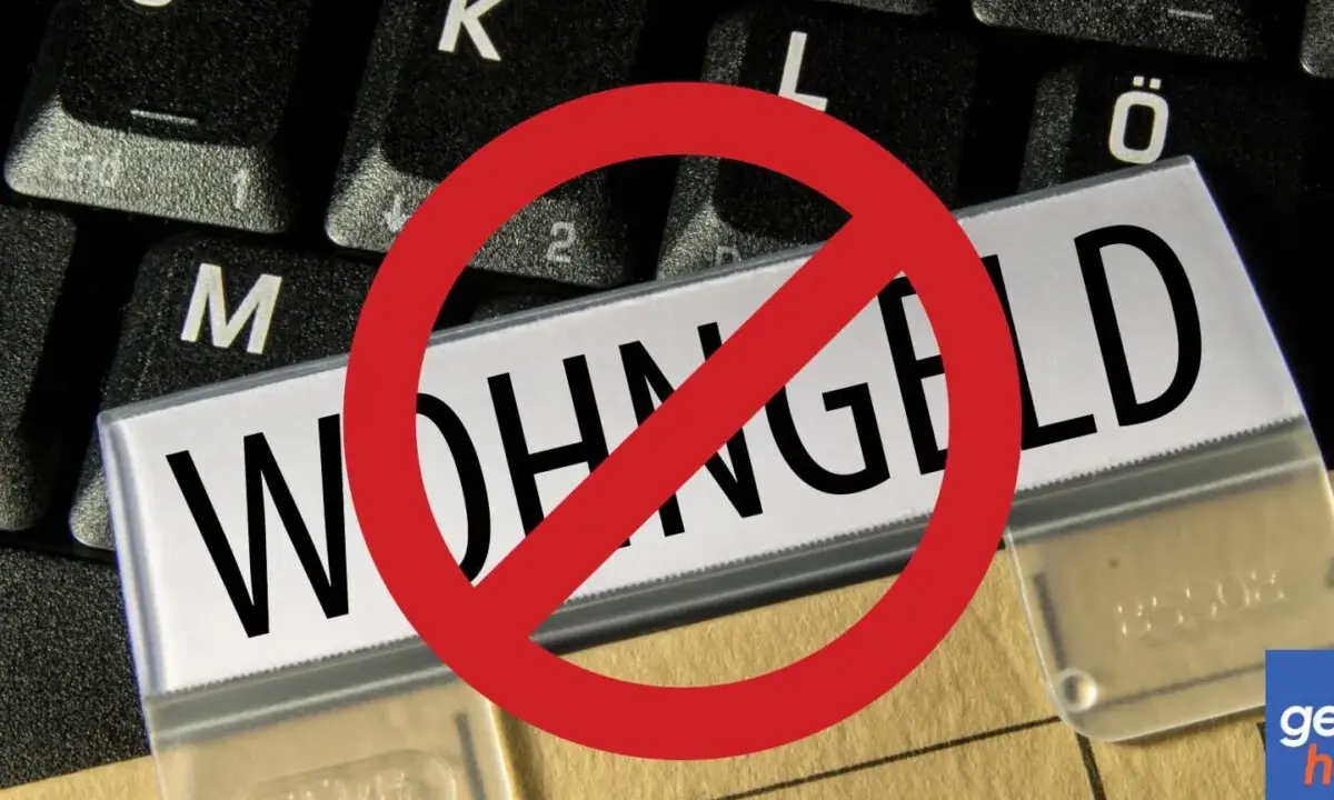 Verbotsschild über dem Wort "WOHNGELD". Einmalzahlungen werden beim Wohngeld nicht angerechnet.