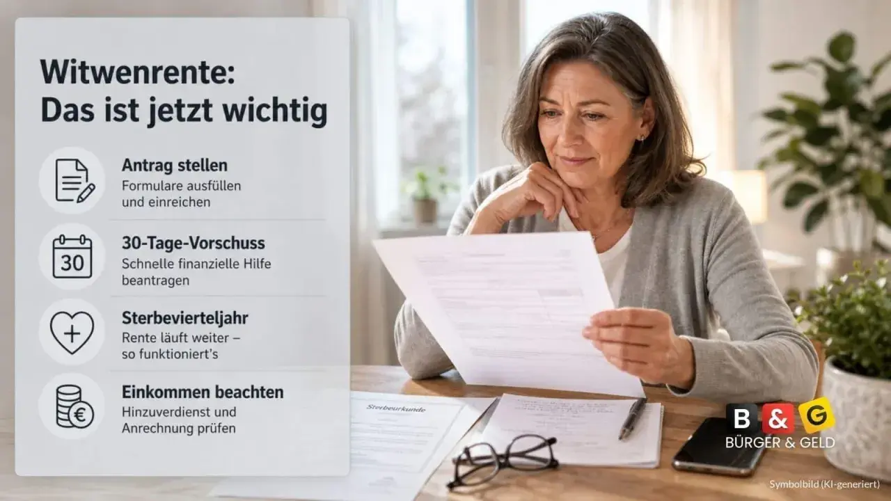 Frau prüft Dokumente zur Witwenrente. Wichtig: Antrag, Vorschuss, Sterbevierteljahr, Einkommen. Auch für die zweite Ehefrau relevant.