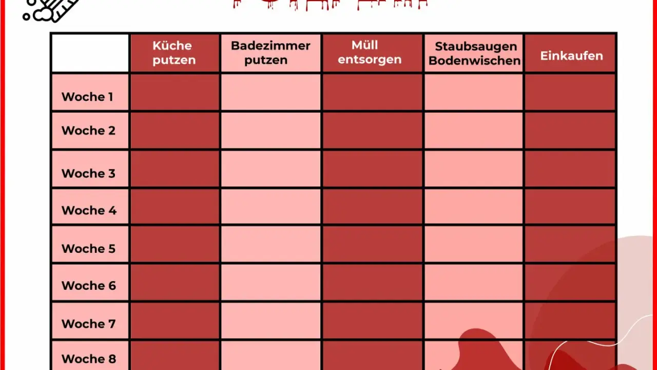 Putzplan für ein Mehrfamilienhaus: Aufgaben wie Küche putzen, Müll entsorgen und Staubsaugen sind wochenweise aufgeteilt.