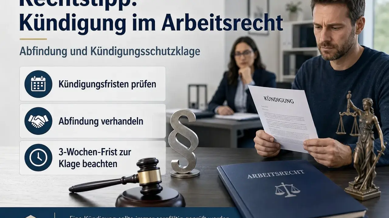 Mann liest Kündigung. Tipps im Arbeitsrecht: Fristen prüfen, Abfindung verhandeln, Klagefrist beachten. Rechtsberatung ist wichtig.