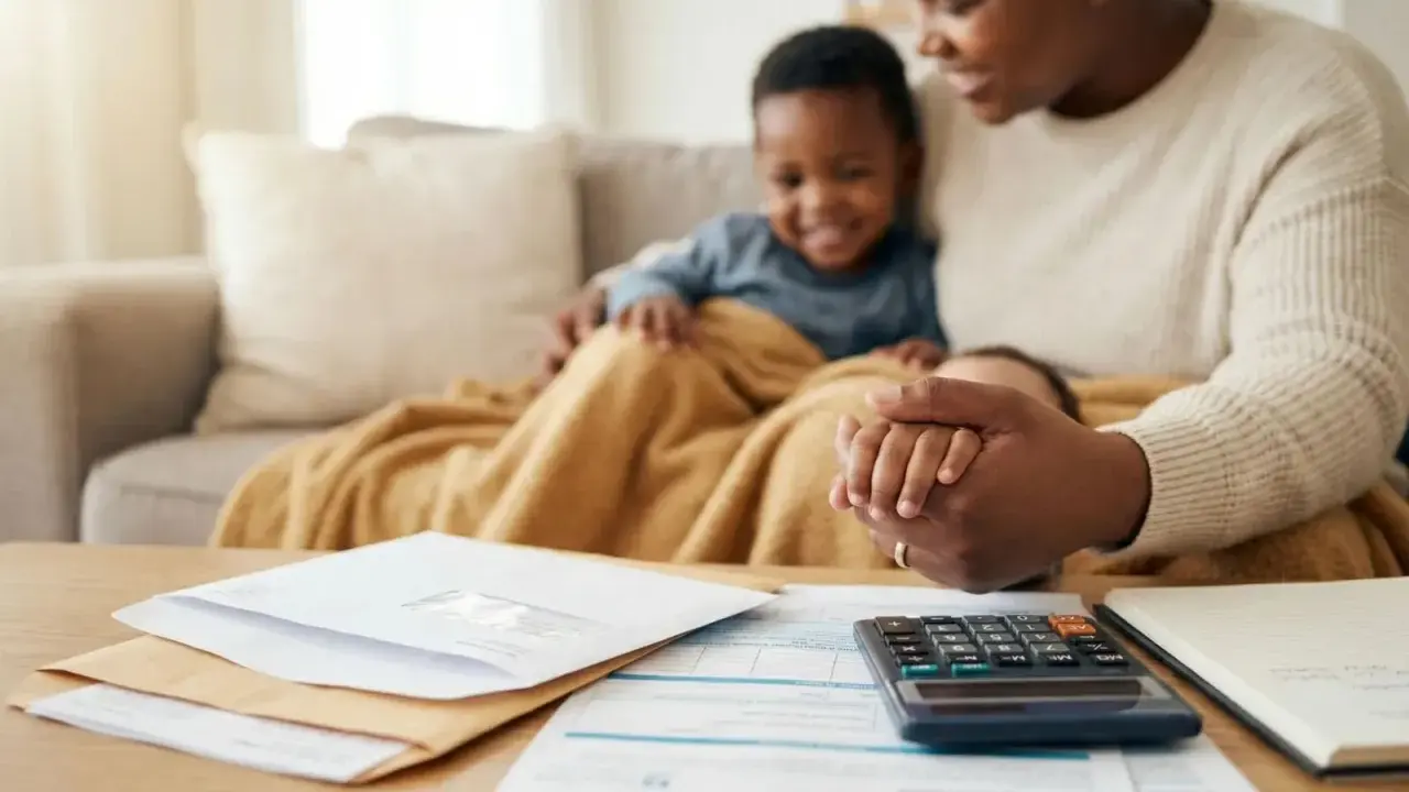 Familie plant Finanzen: Briefe, Rechner und Notizbuch auf dem Tisch. Mutter hält Kind, während sie über Wohngeld und Selbstbehalt spricht.
