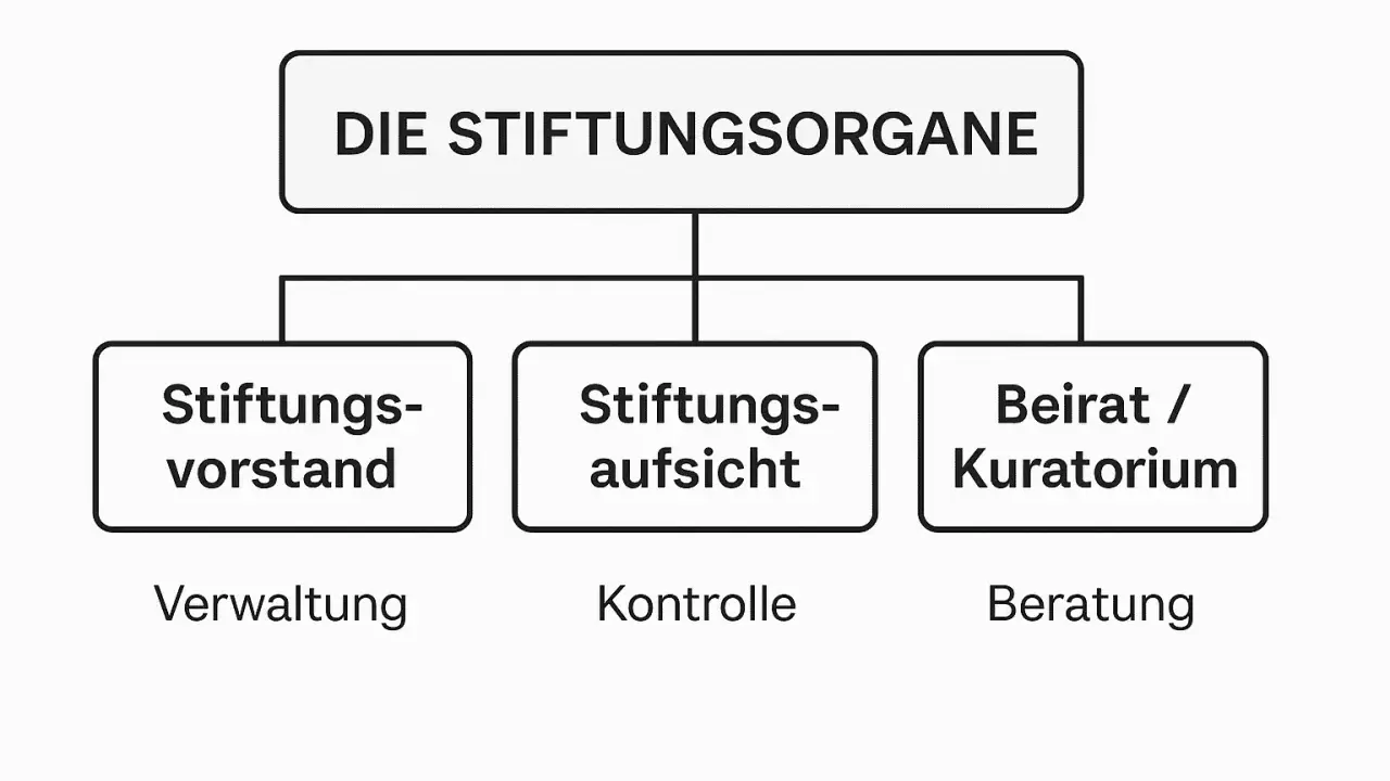 Organigramm zeigt, wie funktioniert eine stiftung: Vorstand (Verwaltung), Aufsicht (Kontrolle) und Beirat/Kuratorium (Beratung).