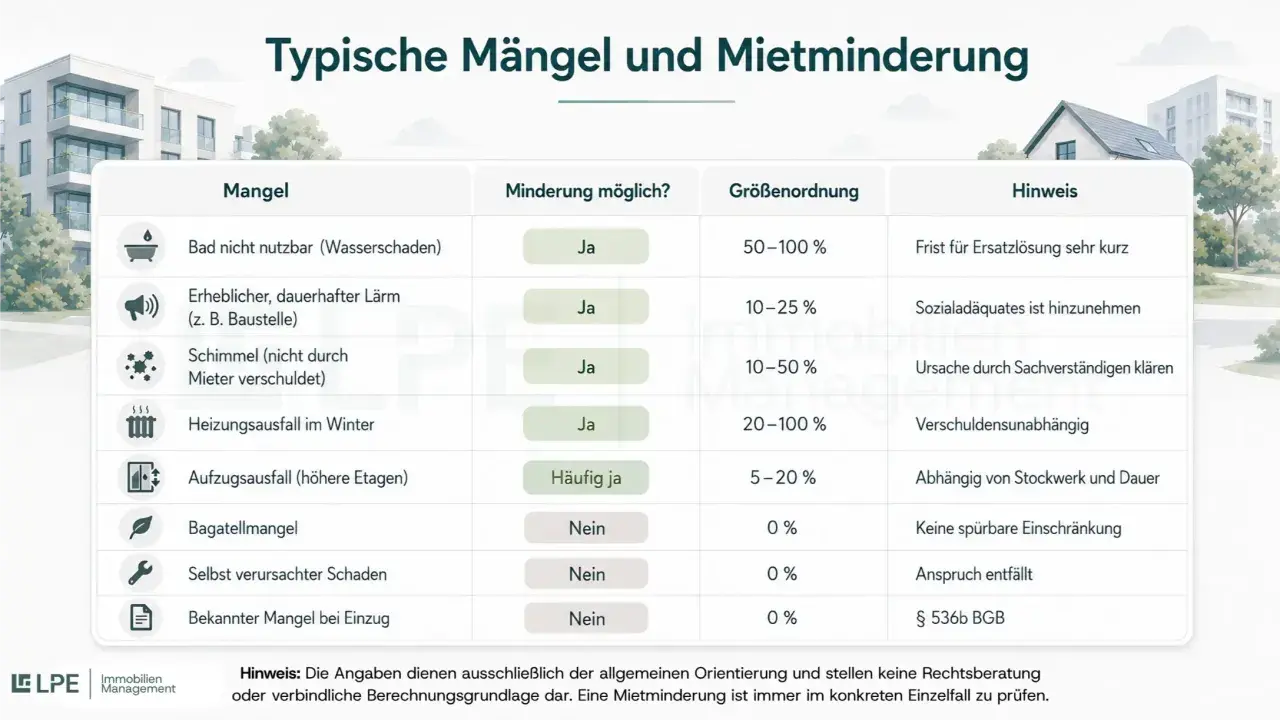 Tabelle zeigt typische Mängel und wann Mietminderung möglich ist, z.B. bei Wasserschaden im Bad (50-100%).