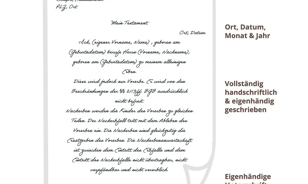Ein handschriftliches Testament Muster mit Angaben zu Erben und Nacherben.