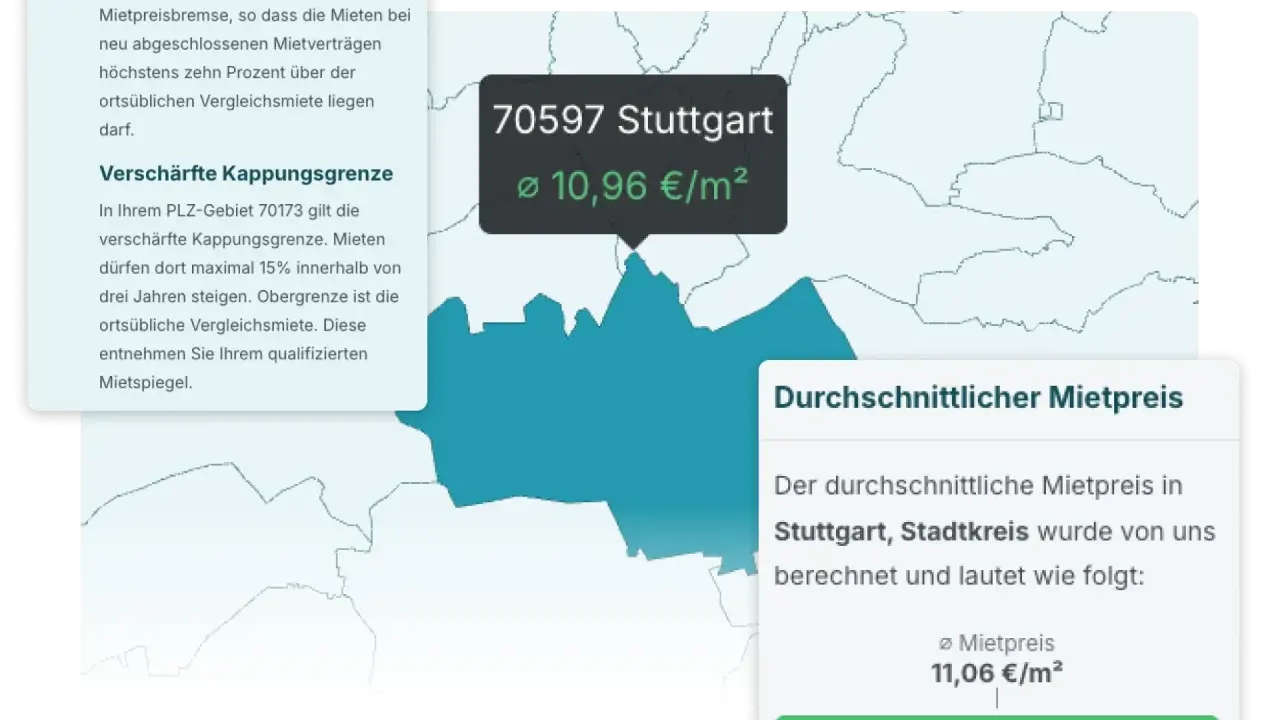 Mietspiegel für Stuttgart (PLZ 70597): Durchschnittsmiete 10,96 €/m². Informationen zur Mietpreisbremse und Kappungsgrenze.