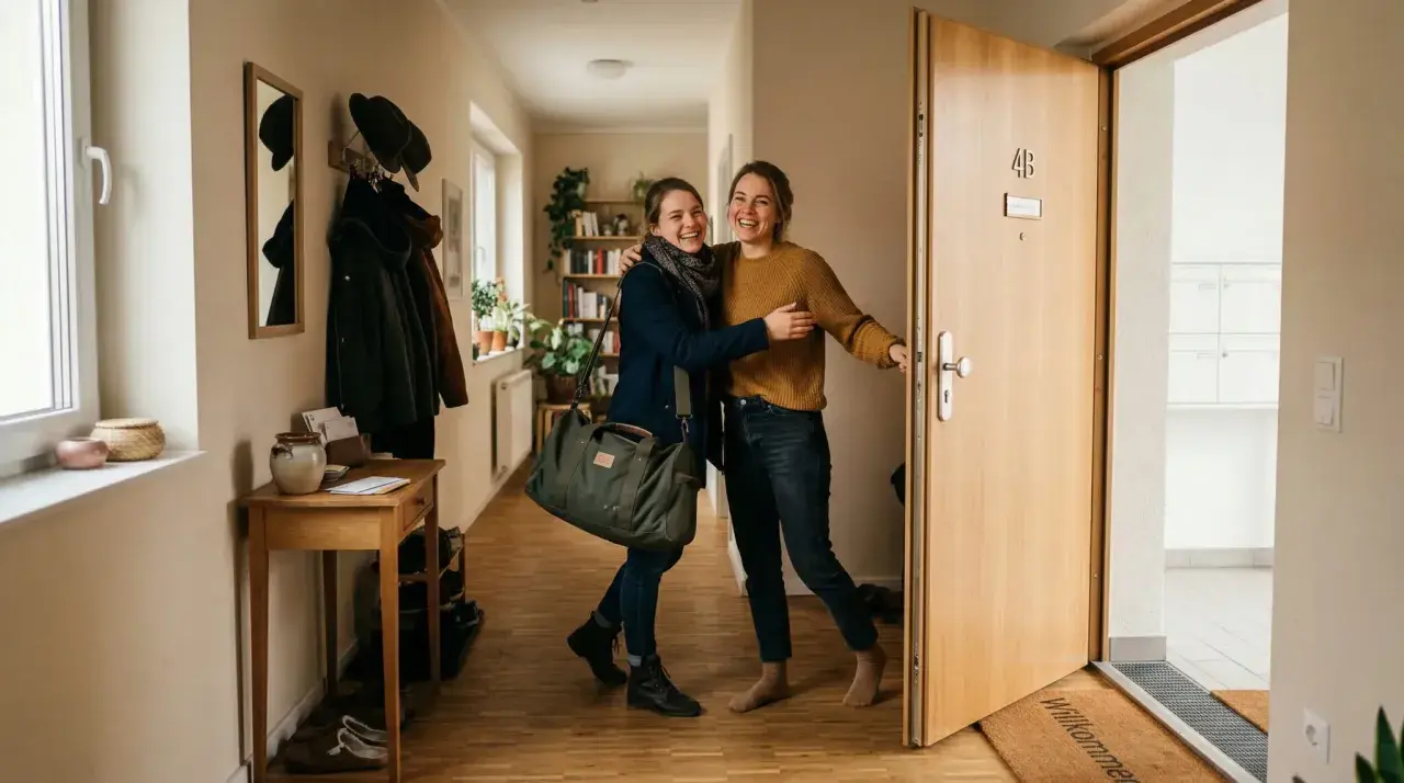 Zwei Freundinnen umarmen sich freudig im Flur. Die Frage "wie lange darf jemand bei mir wohnen ohne anmeldung" beschäftigt viele.