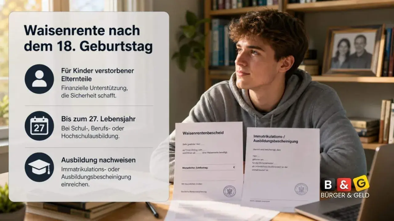 Ein junger Mann blickt nachdenklich, während Dokumente zu Waisenrente und Ausbildung gezeigt werden. Man bekommt Waisenrente bis zum 27. Lebensjahr bei Ausbildung.