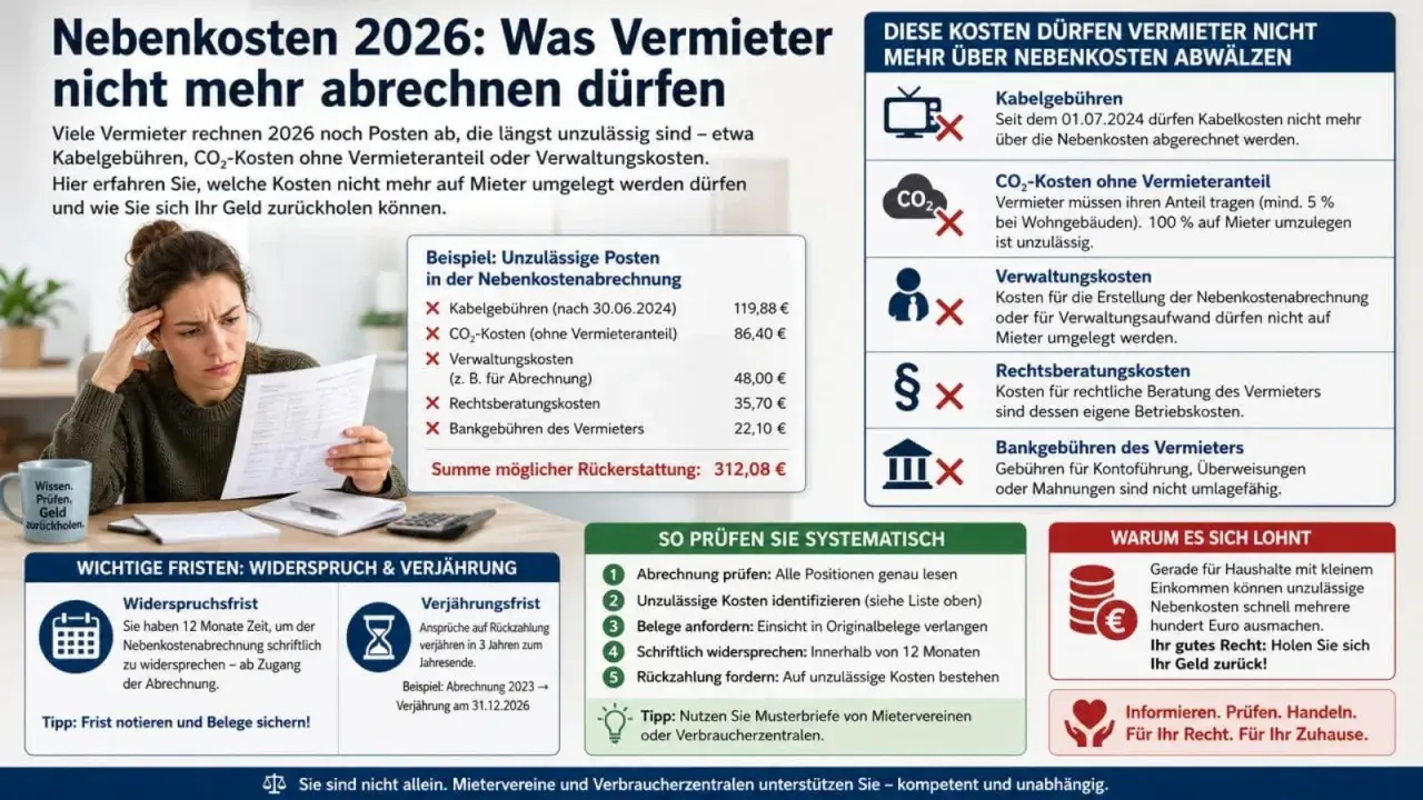 Mieter zahlt Nebenkostenabrechnung nicht? Prüfen Sie auf unzulässige Posten wie Kabelgebühren oder Verwaltungskosten. Holen Sie sich Ihr Geld zurück!