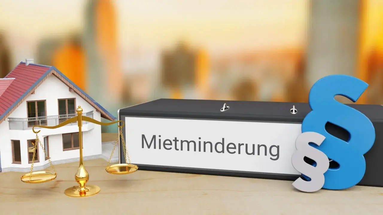 Hausmodell, Waage und Aktenordner mit "Mietminderung" beschriftet. Ein Paragraphenzeichen symbolisiert das Recht bei Mietminderung von Kalt- oder Warmmiete.