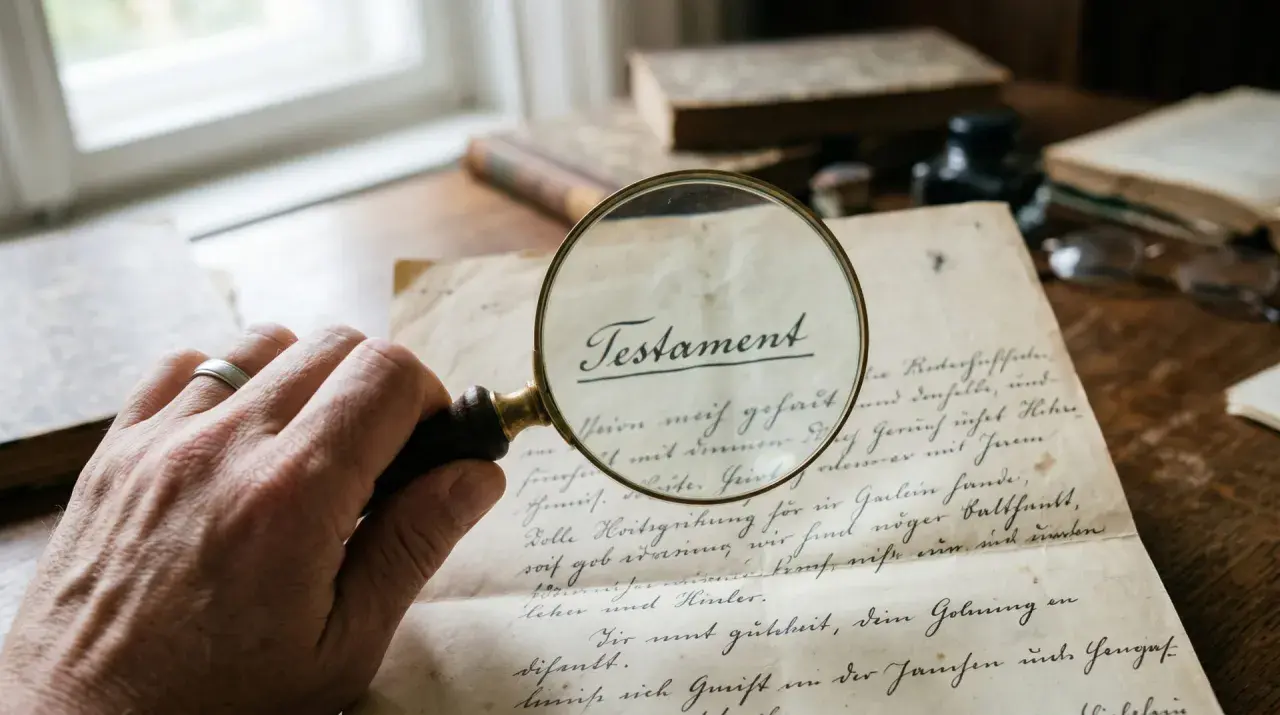 Lupe über einem Testament, der Name des Erben im Testament falsch geschrieben.