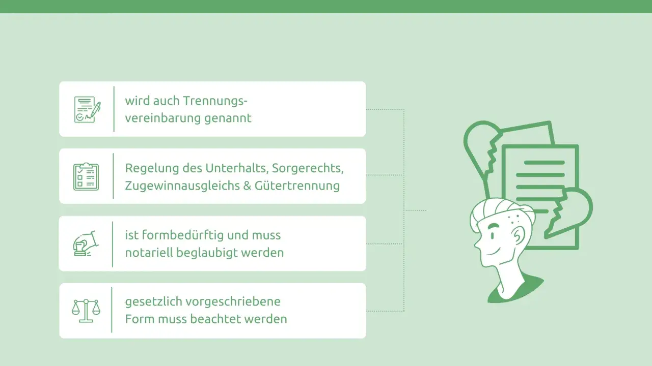 Scheidungsfolgenvereinbarung: Regelung von Unterhalt, Sorgerecht & Güter. Ein Muster muss notariell beglaubigt werden.