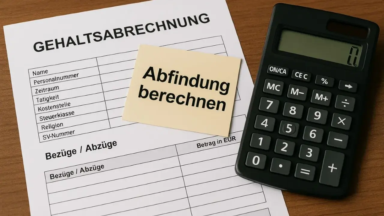 Gehaltsabrechnung mit Notiz "Abfindung berechnen" und Taschenrechner. Wichtig für die Abfindung im Kleinbetrieb.