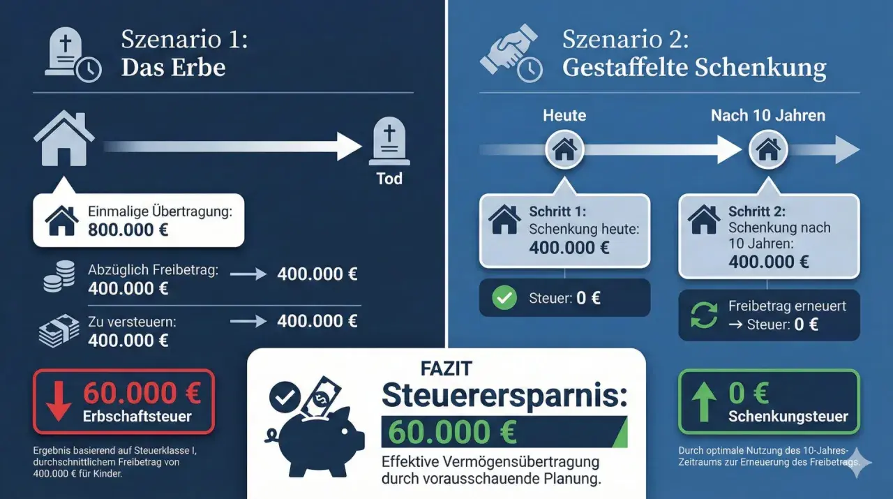 Vergleich von Erbschaft und gestaffelter Schenkung. Schenkung mit Gegenleistung spart 60.000 € Steuer durch vorausschauende Planung.
