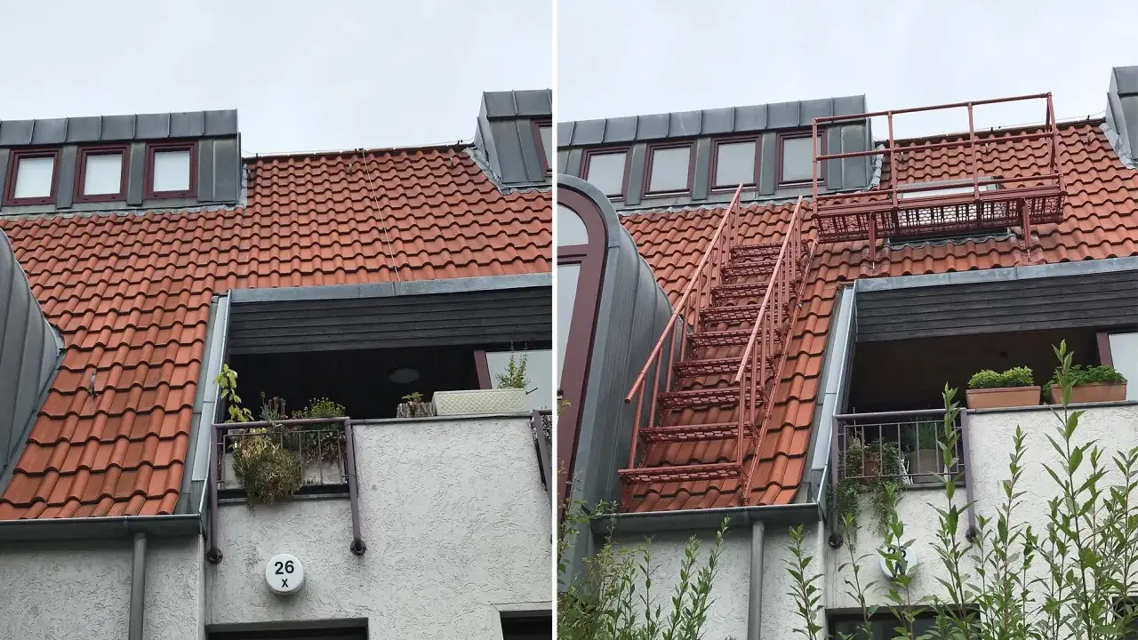 Brandschutz Dachboden Mehrfamilienhaus: Rote Metalltreppe führt zu einem Dachfenster. Dachziegel und Gauben sind sichtbar.