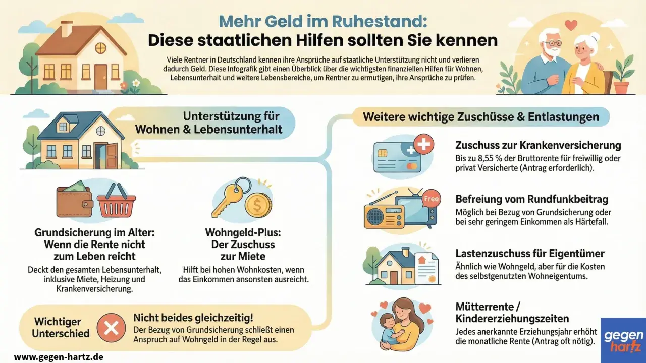 Infografik zeigt staatliche Hilfen für Rentner, z.B. Wohngeld, Grundsicherung, Zuschüsse zur Krankenversicherung, die das Einkommen der Eltern im Alter aufstocken können, unabhängig von der Altersgrenze.