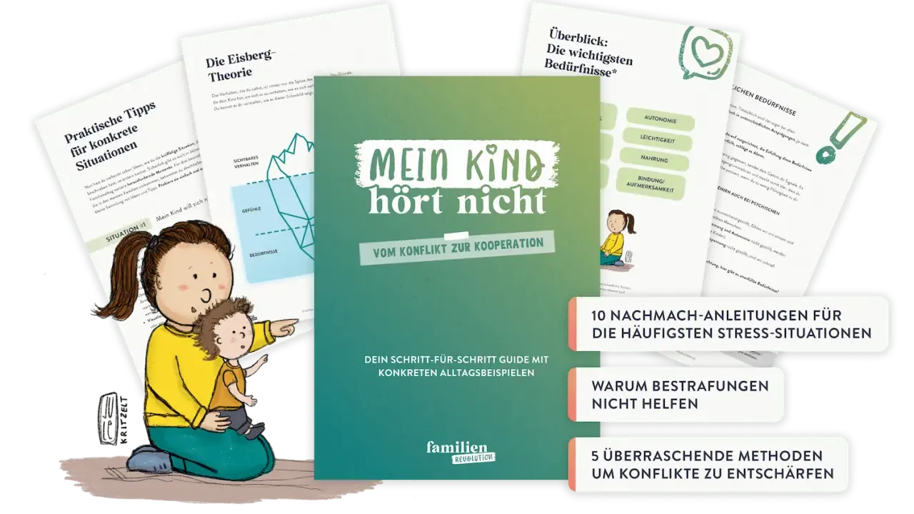 Wenn die Kindesmutter kooperiert nicht, hilft dieser Guide. Illustration zeigt eine Mutter mit Kind und Buchcover "Mein Kind hört nicht".