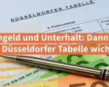 Düsseldorfer Tabelle: Wird Kindesunterhalt beim Wohngeld angerechnet? Stift auf Geldscheinen und Dokumenten.