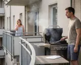 Mann grillt auf dem Balkon, während eine Frau wegen des Rauchs die Nase zuhält.