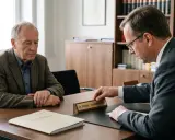 Ein älterer Mann spricht mit einem Anwalt, der eine Namensplakette "Dr. Weber - Nachlassrichter" hält. Die Aufgabe Testamentsvollstrecker wird besprochen.