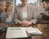 Streitende Erben am Tisch, ein Testament liegt aus. Bei solch hitzigen Diskussionen braucht man einen Testamentsvollstrecker.