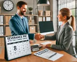 Ein Mann und eine Frau schütteln sich die Hände. Ein Kalender zeigt "8 YEARS" und "SEVERANCE PAY". Die Frage "wieviel Abfindung nach 8 Jahren?" wird thematisiert.