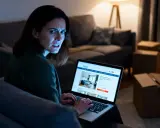 Verzweifelte Frau sucht online nach Lösungen, da der Mieter nicht auszieht. Sie recherchiert zu Eigenbedarf und Schadensersatz.