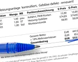 Rechnung für Heizungsanlage: Gebläse defekt, erneuert. Positionen wie Anfahrt, Heizung-Gebläse, Monteurstunde. Möglicher Widerspruch Betriebskostenabrechnung? Gesamtbetrag 532,94 EUR.
