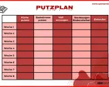 Putzplan für ein Mehrfamilienhaus: Aufgaben wie Küche putzen, Müll entsorgen und Staubsaugen sind wochenweise aufgeteilt.