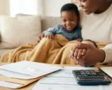 Familie plant Finanzen: Briefe, Rechner und Notizbuch auf dem Tisch. Mutter hält Kind, während sie über Wohngeld und Selbstbehalt spricht.
