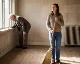 Frau mit Besen im leeren Raum, Mann schaut aus Fenster. Sie bereiten sich auf den Auszug vor, alles muss besenrein sein.