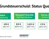 Beispiele für die Grundsteuer auf Mieter umlegen: Offenbach (132€/73m²), Düsseldorf (839€/829m²), Gornau (170€/163m²).