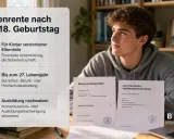 Ein junger Mann blickt nachdenklich, während Dokumente zu Waisenrente und Ausbildung gezeigt werden. Man bekommt Waisenrente bis zum 27. Lebensjahr bei Ausbildung.