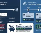 Vergleich von Erbschaft und gestaffelter Schenkung. Schenkung mit Gegenleistung spart 60.000 € Steuer durch vorausschauende Planung.