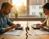 Paar rechnet am Tisch mit geteiltem Geld und Schlüssel. Der wegfall wohnvorteil wird finanziell berechnet.