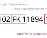 Die Zuordnung der Familienkasse zeigt eine "Feste Kindergeldnummer". Jedes Kind hat eine eigene Kindergeldnummer, die aus mehreren Ziffern besteht. Die letzte Ziffer bestimmt den Auszahlungstermin.