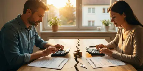 Paar rechnet am Tisch mit geteiltem Geld und Schlüssel. Der wegfall wohnvorteil wird finanziell berechnet.