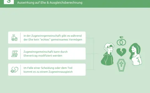 Die Zugewinngemeinschaft erklärt, wie Vermögen bei Scheidung oder Tod aufgeteilt wird. Ein Ehevertrag kann dies beeinflussen.